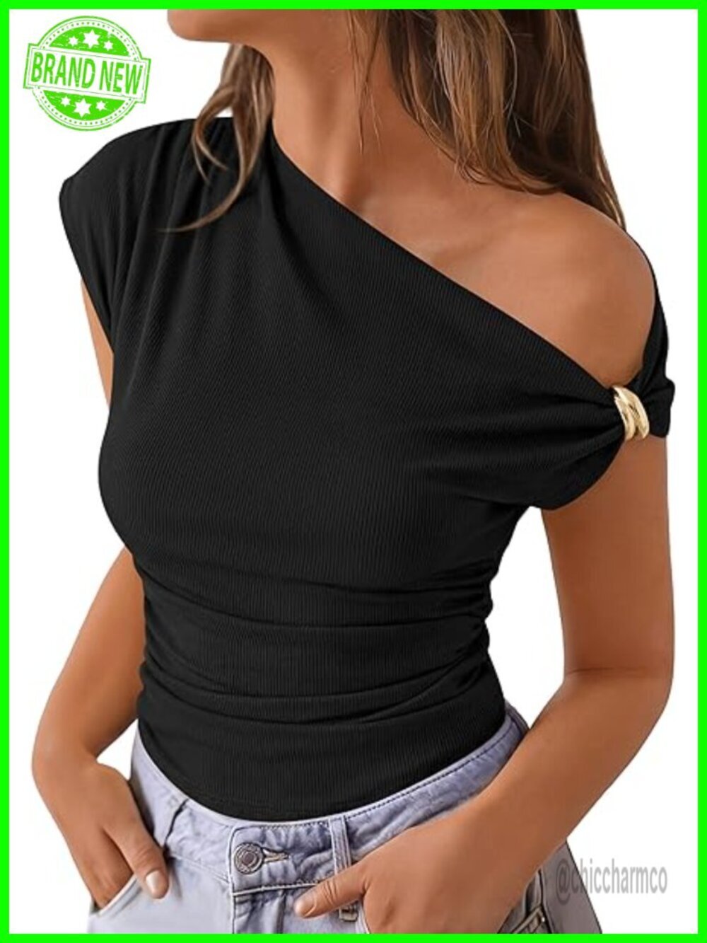 Off Shoulder Crop Top Ribbed Y2K Going Out Fitting Tee